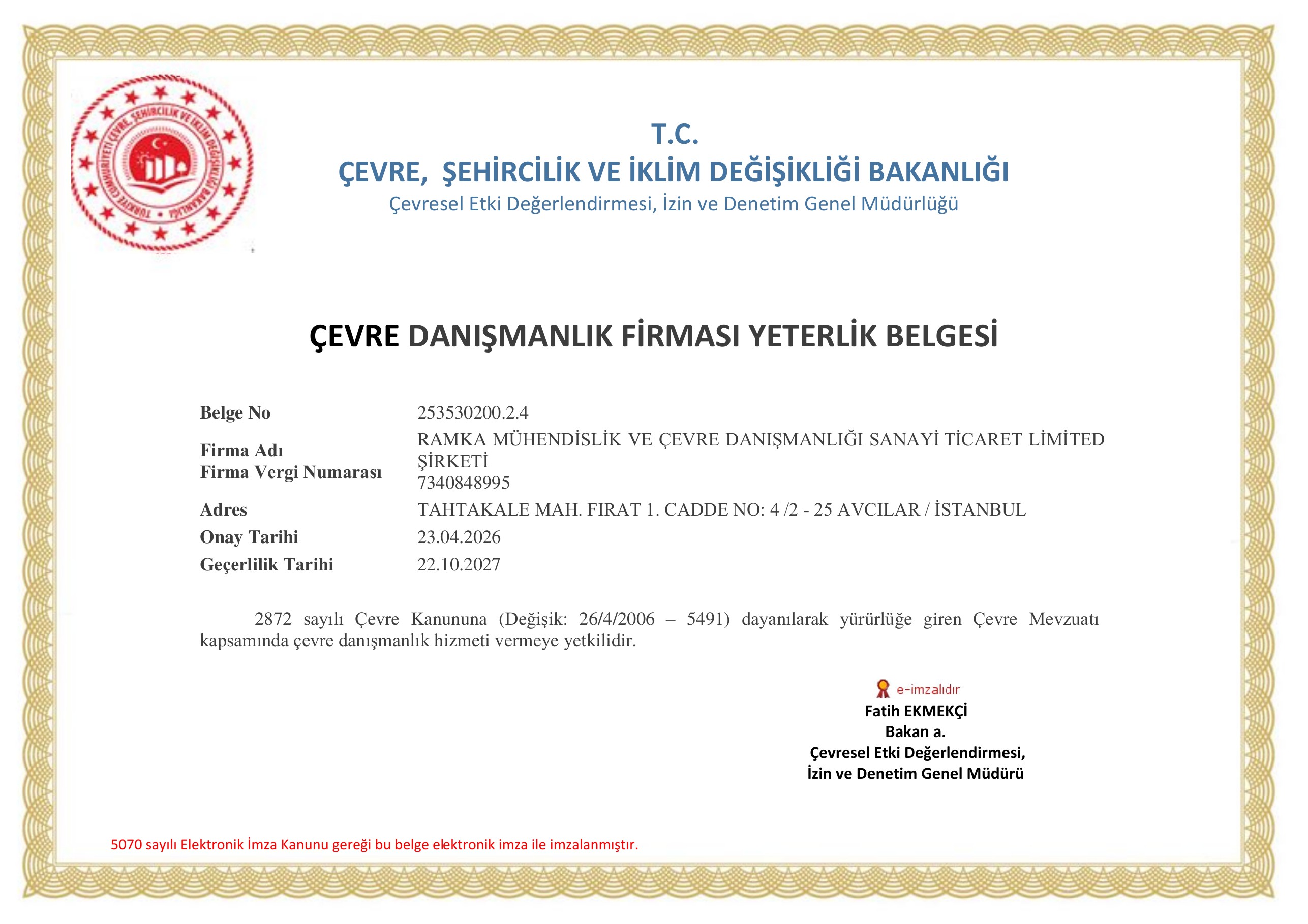 Çevre Danışmanlığı Yeterlik Belgesi